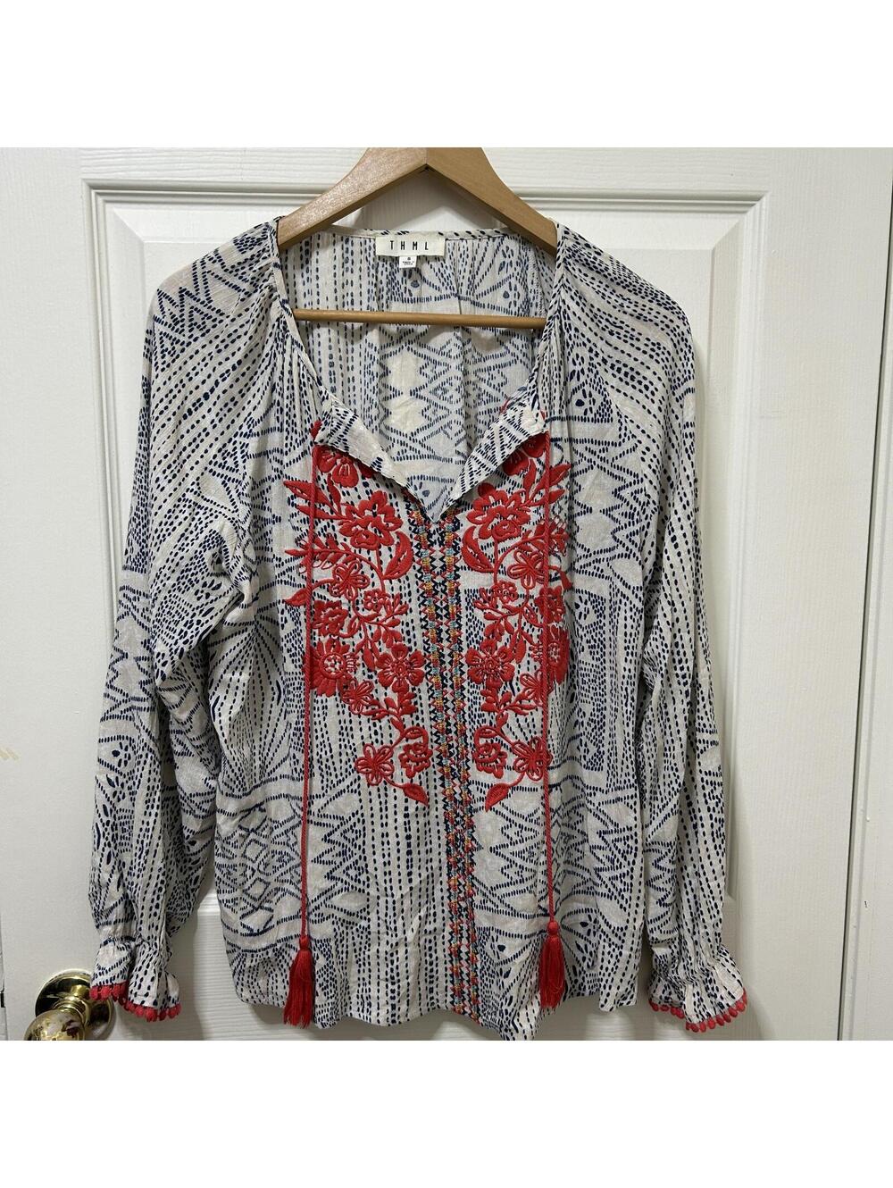 THML Anthropology Embroidered Bohemian Tassel Peasant Blouse